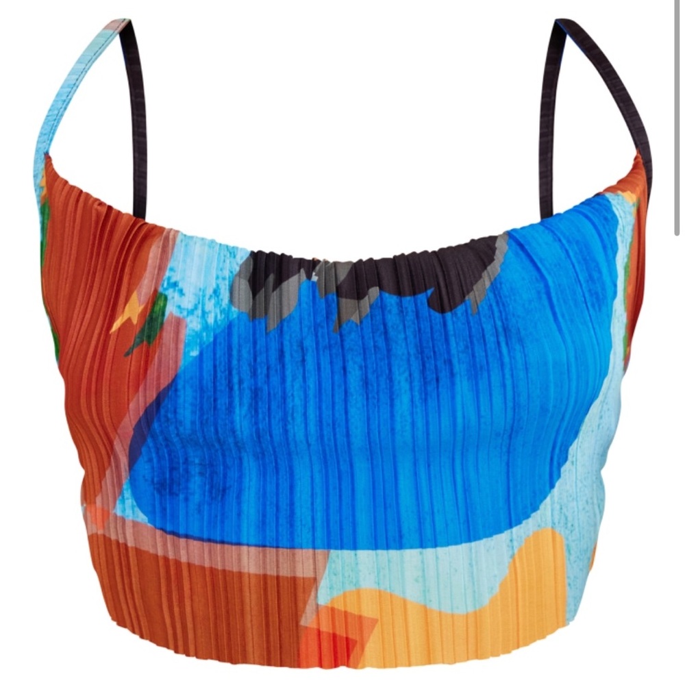 BLUE ABSTRACT PRINT PLISSE COWO NECK TOP AND MAXI SKIRT - Picture 2 of 5